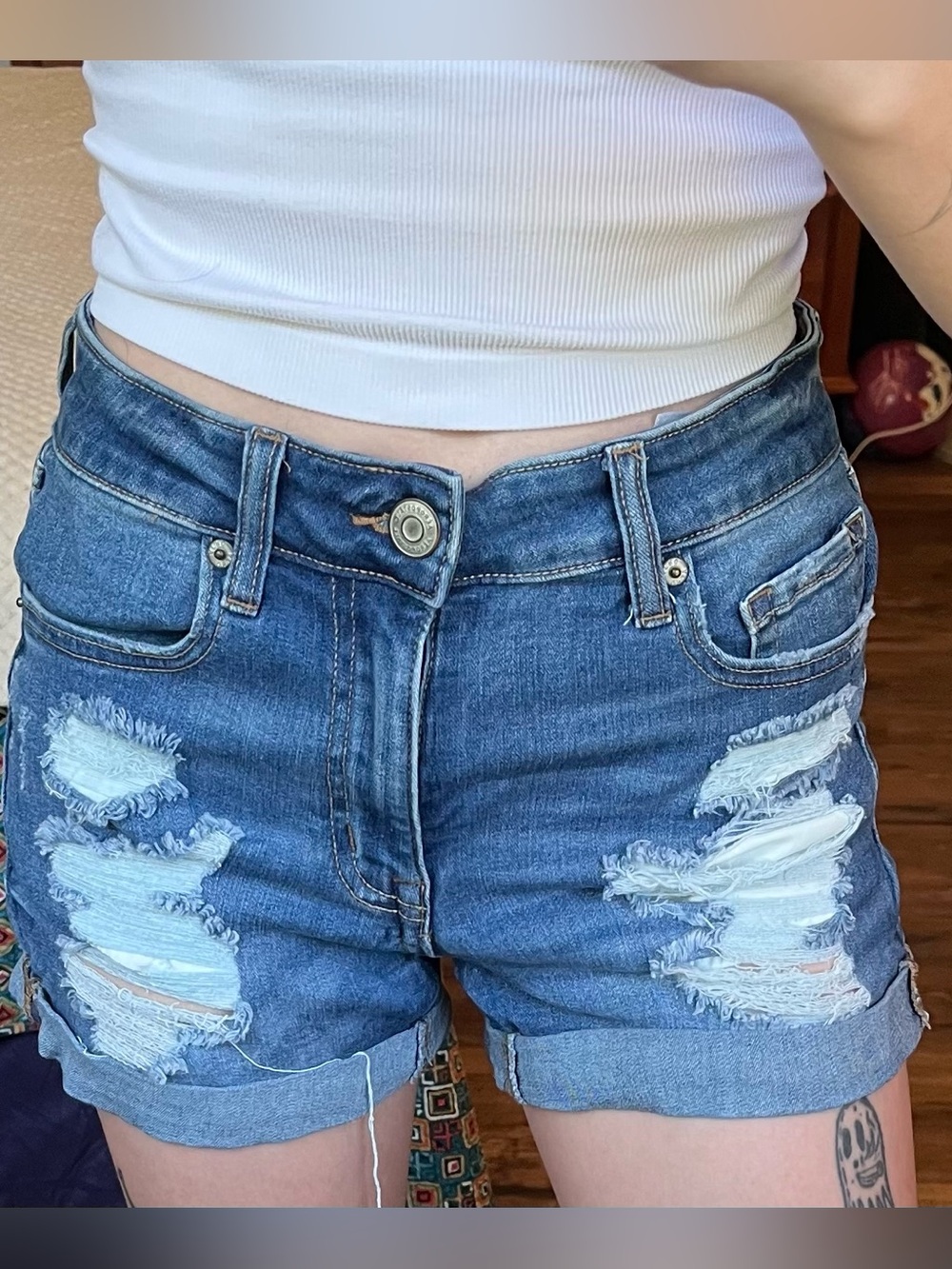 Aeropostale Dark Blue Distressed High Rise Midi Shorts